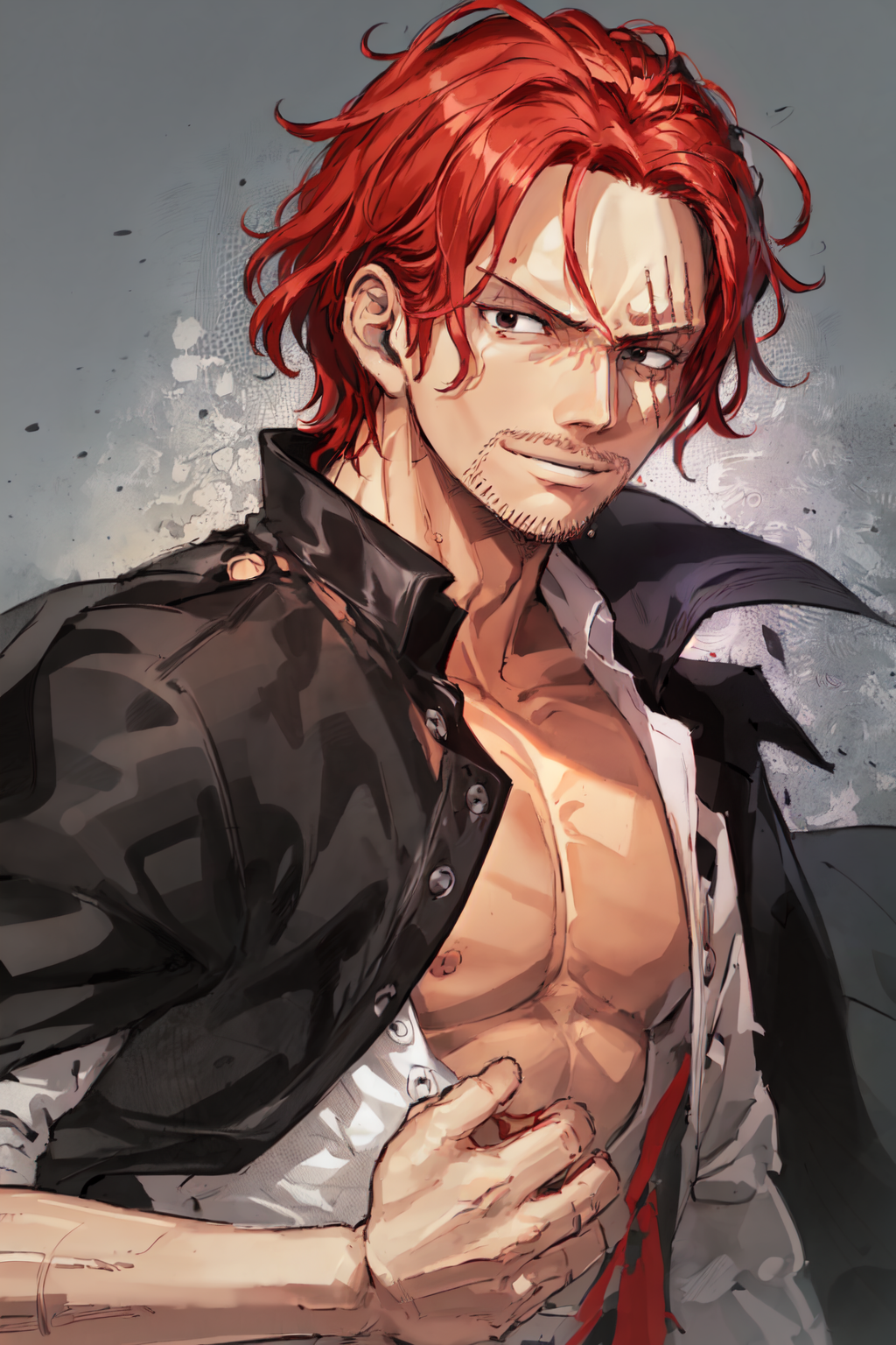 00319-2811342365-, Shnks, solo, red hair, shirt, 1boy, black eyes, male focus, open clothes, open shirt, facial hair, scar,  stubble, portrait, s.png
